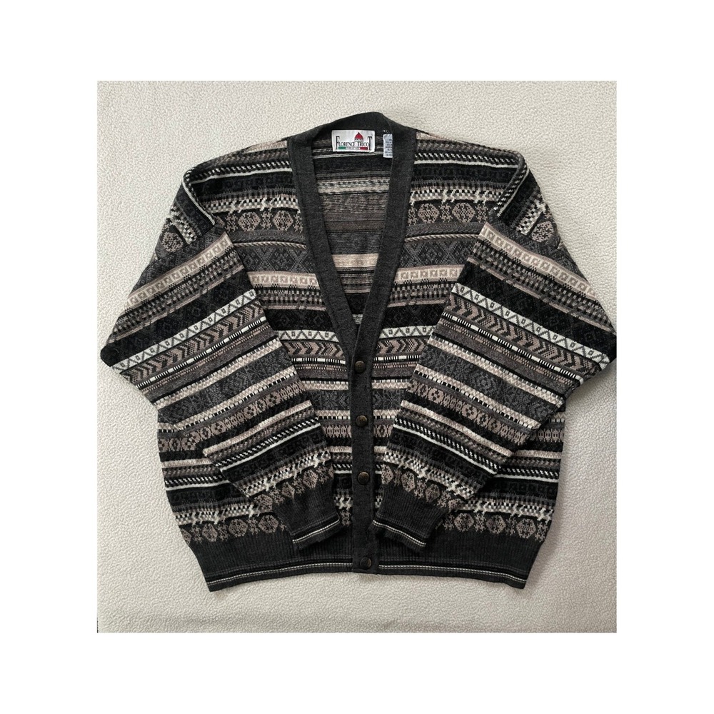 Florence Trico Mens XL Cardigan Sweater Geometric Wool Blend Italy - Hole